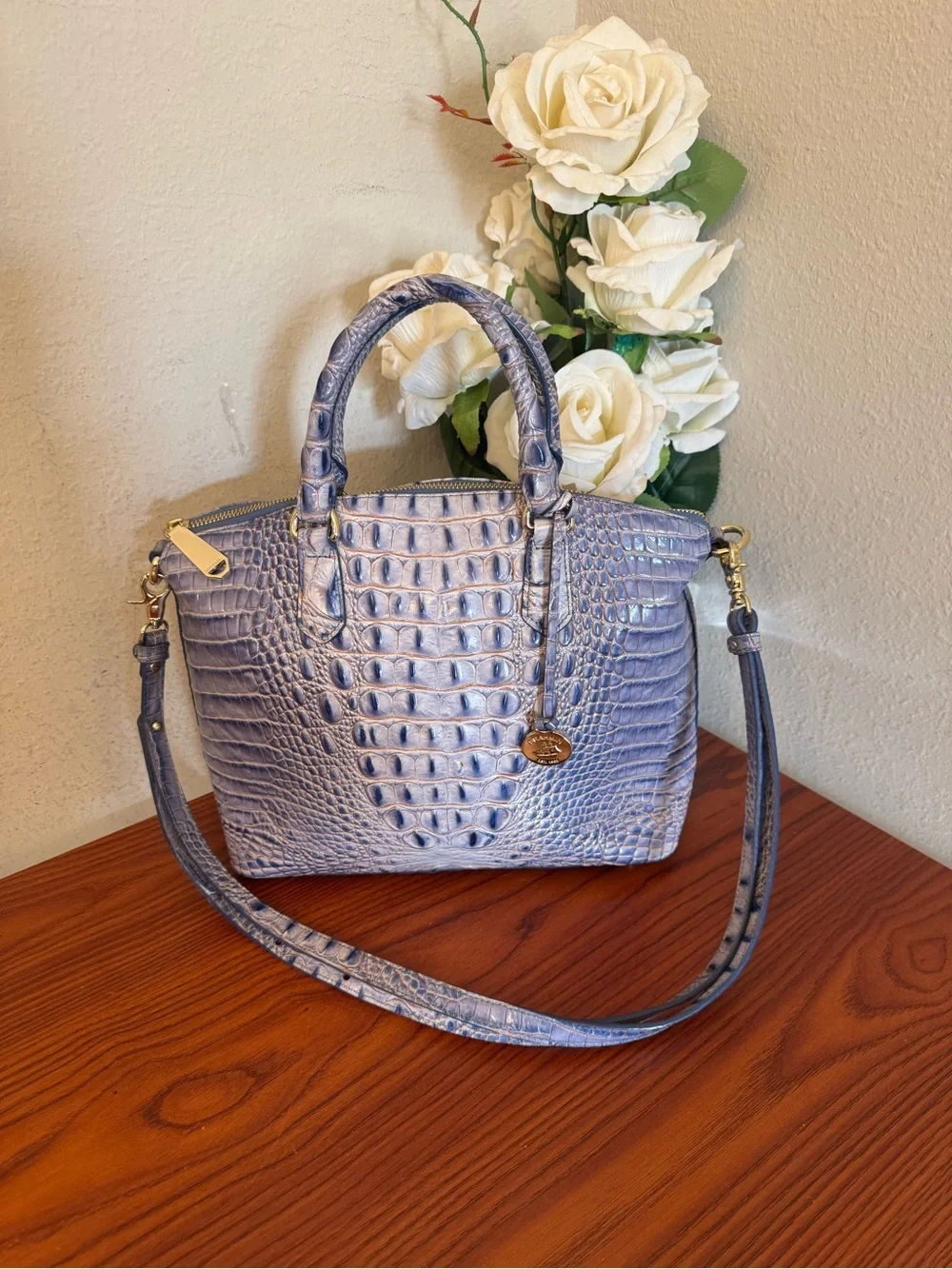 Brahmin Lavender Croc-Embossed Satchel with Removable Strap